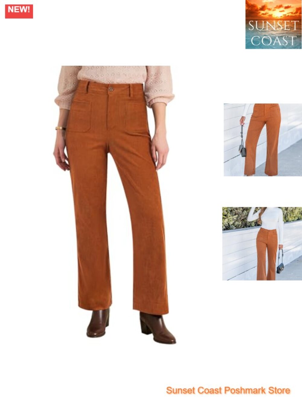 Corduroy Pants Women High Waisted Wide Leg Patch Pocket Elastic Waist Trousers